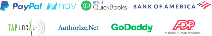 Paypal, Quickbooks, Bank of America, Authorize.net, CoverWallet, NAV, Tap Local, GoDaddy, ADP