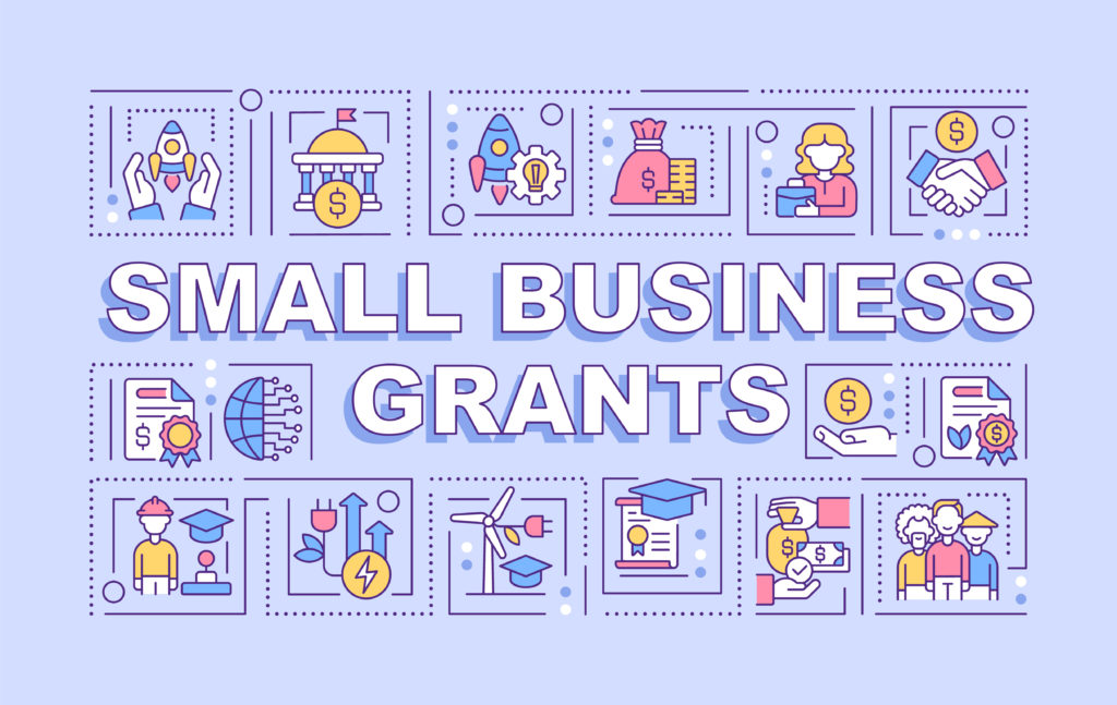 Small business grants word concepts purple banner. Financial programs. Infographics with icons on color background. Isolated typography. Vector illustration with text. Arial-Black font used