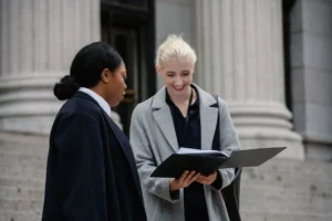 Two women reading documents 
